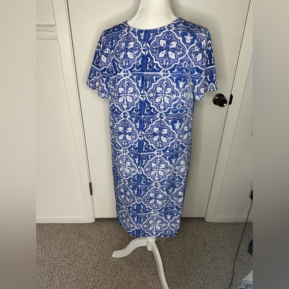The Limited Blue and White Sheath Midi Dress with Mock Neck